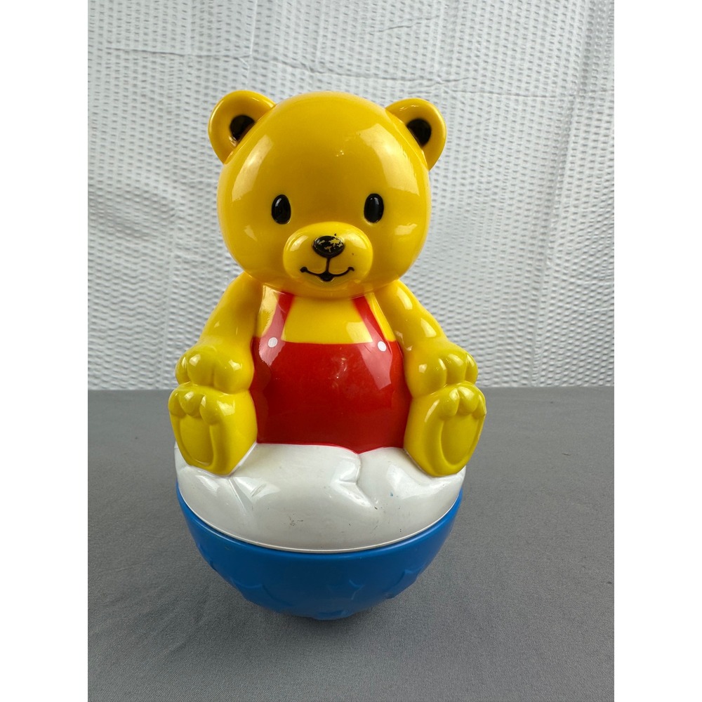 1990 Shelcore Roly Poly Chime Bear Toy Vintage Yellow Red Blue Plastic Baby Toy‎